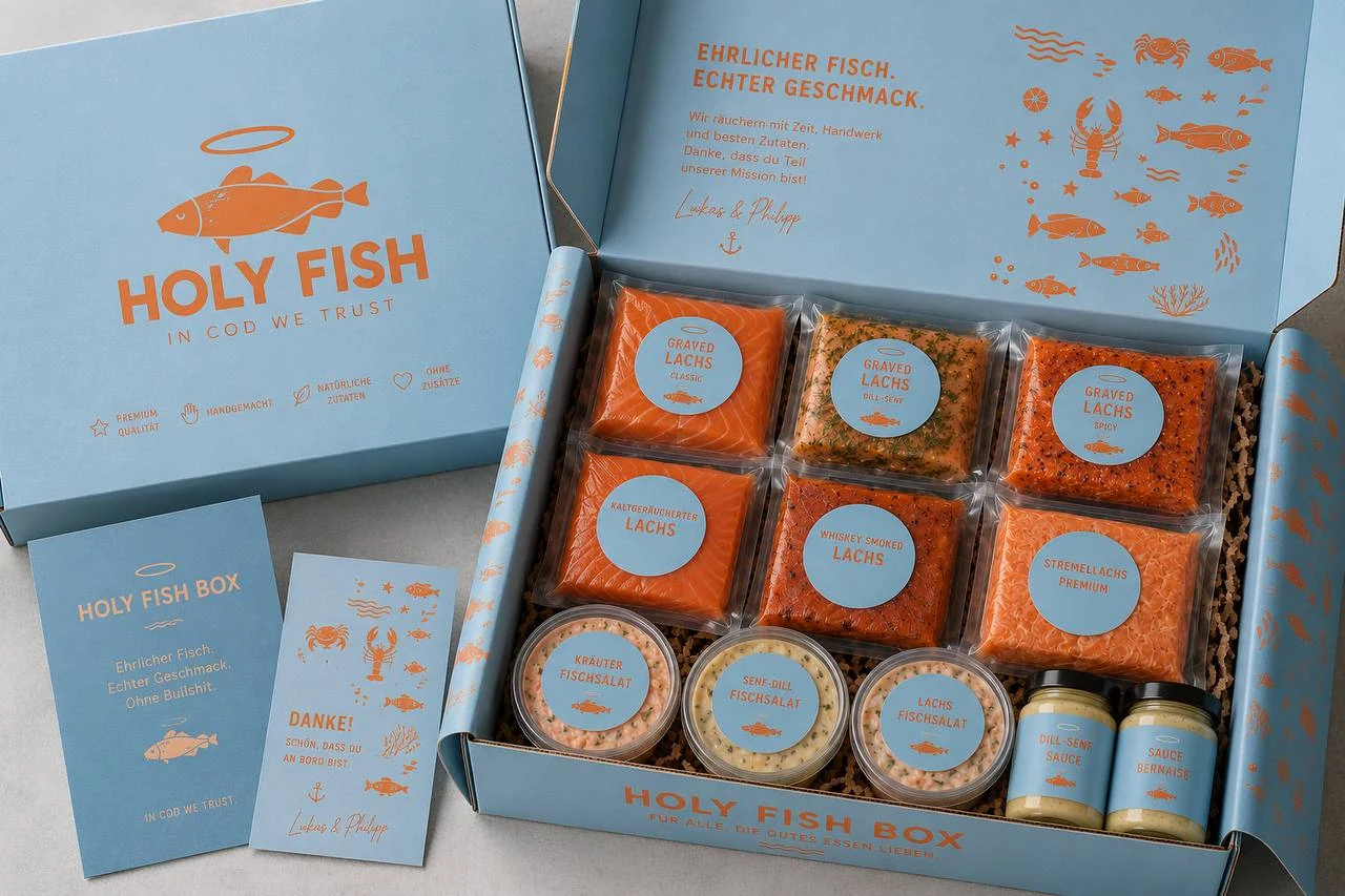 Geöffnete hellblaue Holy Fish Box mit verschiedenen verpackten Lachsspezialitäten, Fischsalaten und Saucen