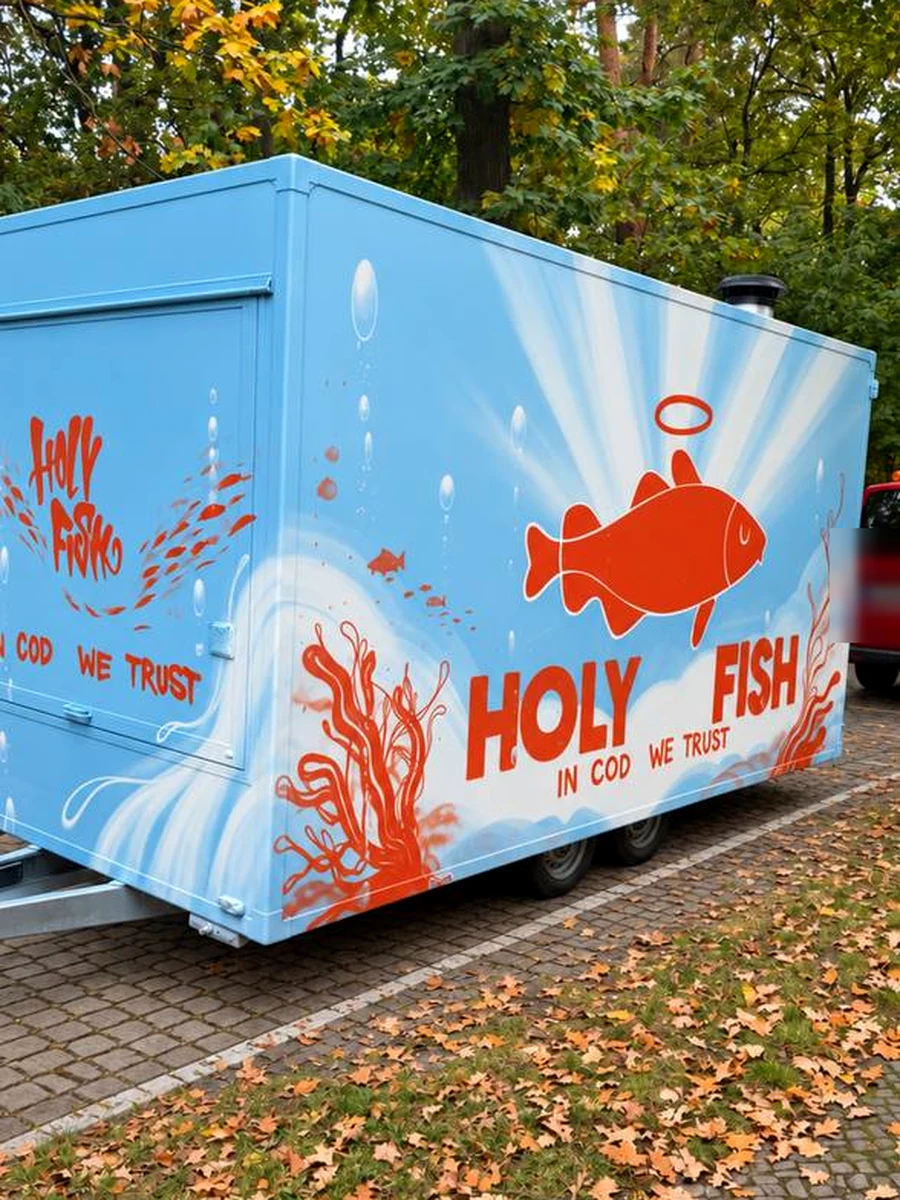 Hellblauer Holy Fish Verkaufswagen mit großem orangefarbenem Fisch und Holy-Fish-Schriftzug